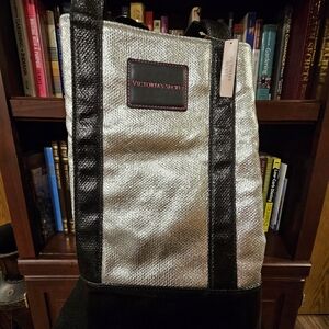 Nwt!Victoria's Secret Limited Edition Metallic Silver and Black Tote Bag
